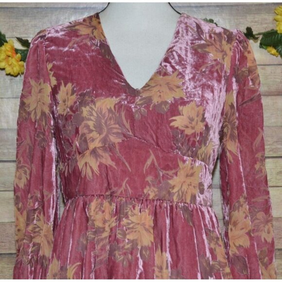 FATE Tiered Floral Dress Pink Long Sleeve Velvet Burnout Lined Ladies S V-Neck - Picture 2 of 12